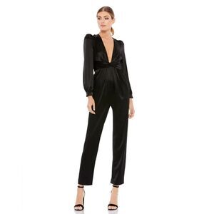 FRONT TWIST PUFF SLEEVE DEEP V JUMPSUIT MAC DUGGAL